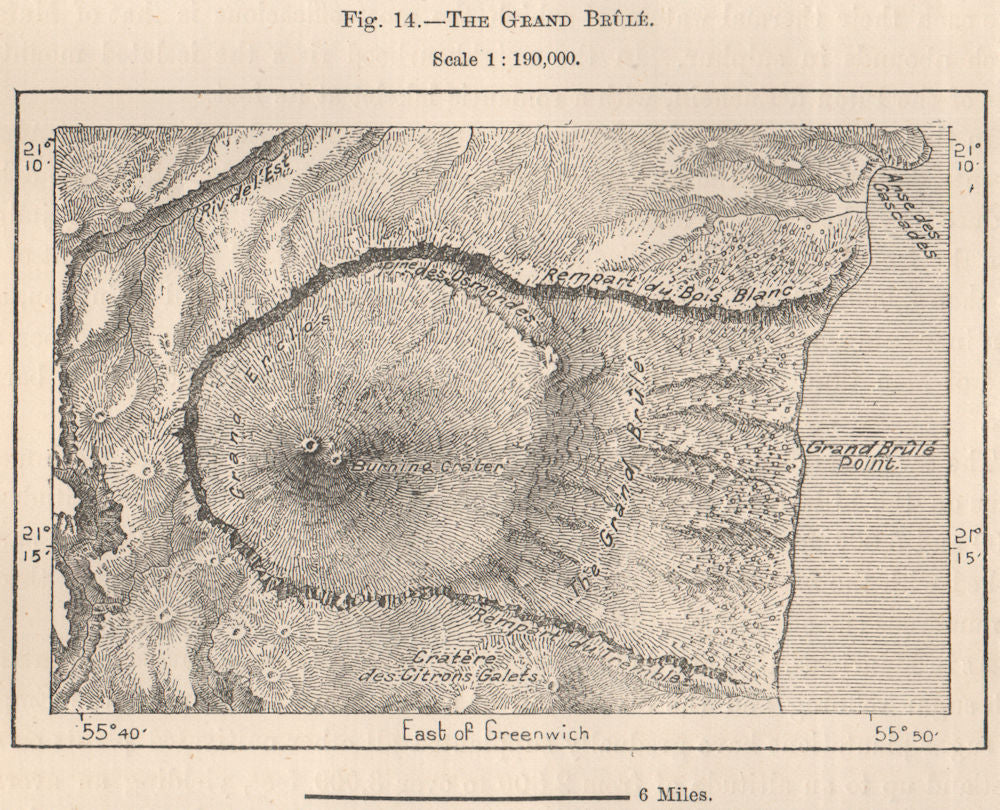 The Grand Brûlé.La Reunion.Mascarene Islands.Mascarenhas Archipelago 1885 map
